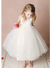 Ivory Satin Tulle Tea Length Cross Back Simple Flower Girl Dress